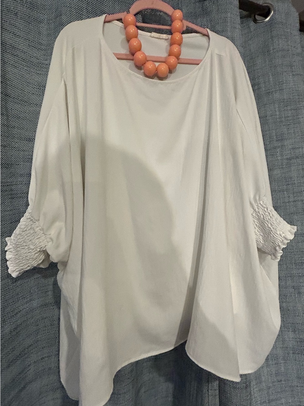 ODDY White Scoop Neck Tunic with Smocked Cuffs